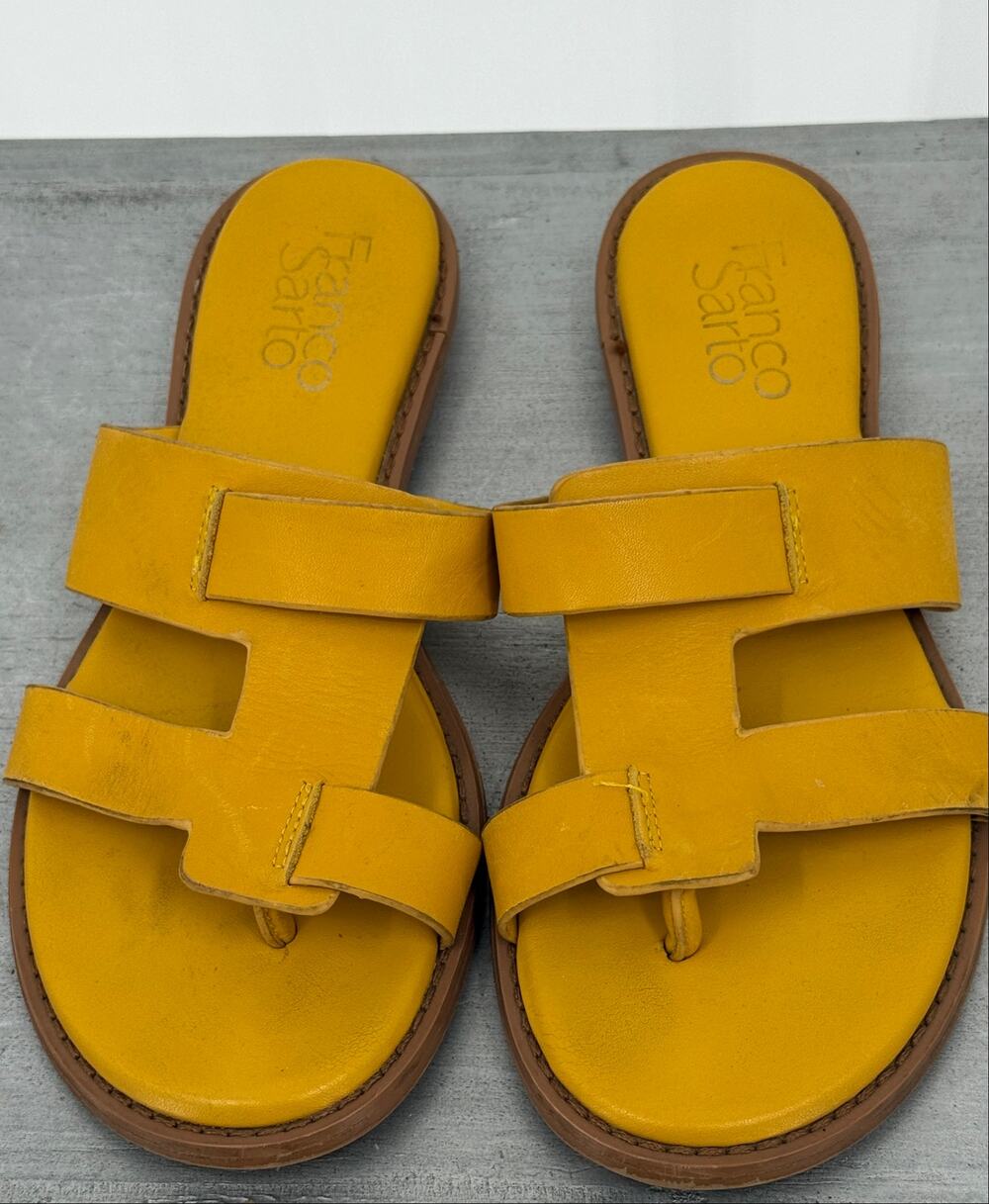 Franco Sarto Gretta Yellow Leather H Strap Slide Summer Sandals Women's Size 5.5